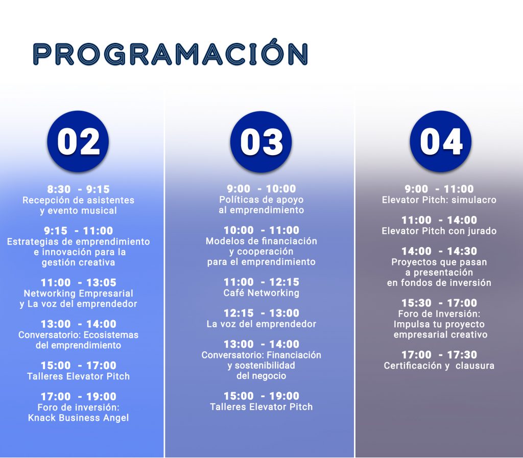 Programación:

Día 02
8:30 - 9:15: Recepción de asistentes y evento musical
9:15 - 11:00: Estrategias de emprendimiento e innovación para la gestión creativa
11:00 - 13:05: Networking Empresarial y La voz del emprendedor
13:00 - 14:00: Conversatorio: Ecosistemas del emprendimiento
15:00-17:00: Talleres Elevator Pitch
17:00 - 19:00: Foro de inversión: Knack Business Angel

Día 03
9:00 - 10:00: Políticas de apoyo al emprendimiento
10:00 - 11:00: Modelos de financiación y cooperación para el emprendimiento
11:00 - 12:15: Café Networking
12:15 - 13:00: La voz del emprendedor
13:00 - 14:00: Conversatorio: Financiación y sostenibilidad del negocio
15:00 - 19:00: Talleres Elevator Pitch

Día 04
9:00 - 11:00: Elevator Pitch: simulacro
11:00 - 14:00: Elevator Pitch con jurado
14:00 - 14:30: Proyectos que pasan a presentación en fondos de inversión
15:30 - 17:00: Foro de Inversión: Impulsa tu proyecto empresarial creativo
17:00 - 17:30: Certificación y clausura